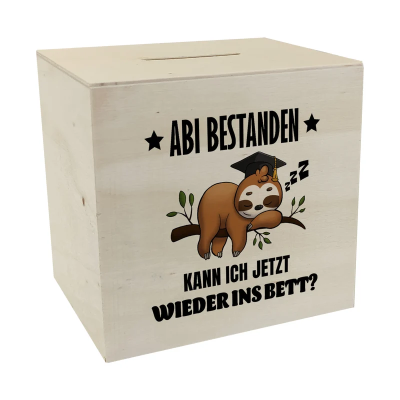 Abi bestanden Faultier Spardose mit Spruch zurück ins Bett