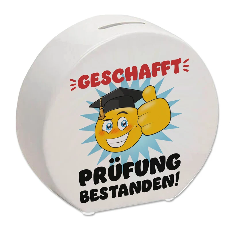 Prüfung bestanden Spardose mit Gesicht und Daumen hoch