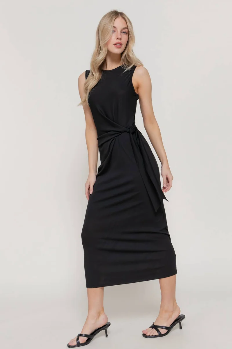 Sleeveless Round Neck Midi Dress with Waist Detail