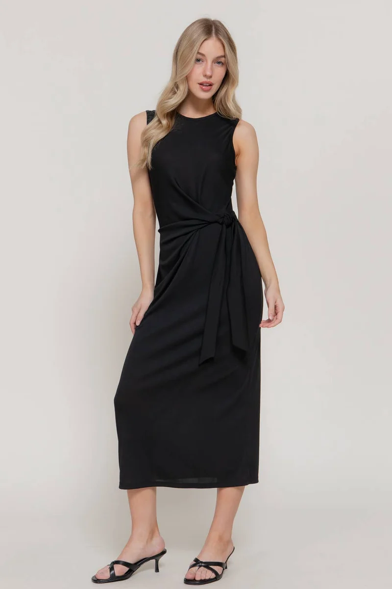 Sleeveless Round Neck Midi Dress with Waist Detail