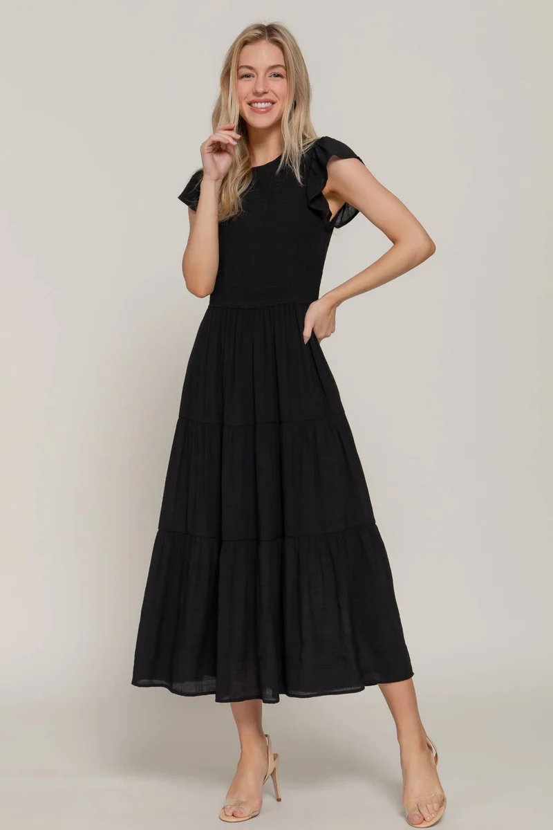 Ruffle Sleeve Crew Neck Smocked Detail Dress