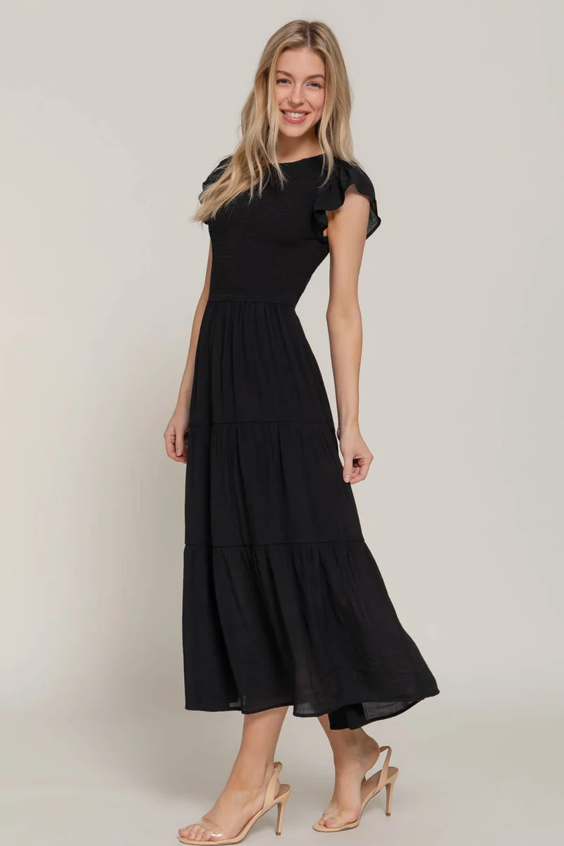 Ruffle Sleeve Crew Neck Smocked Detail Dress