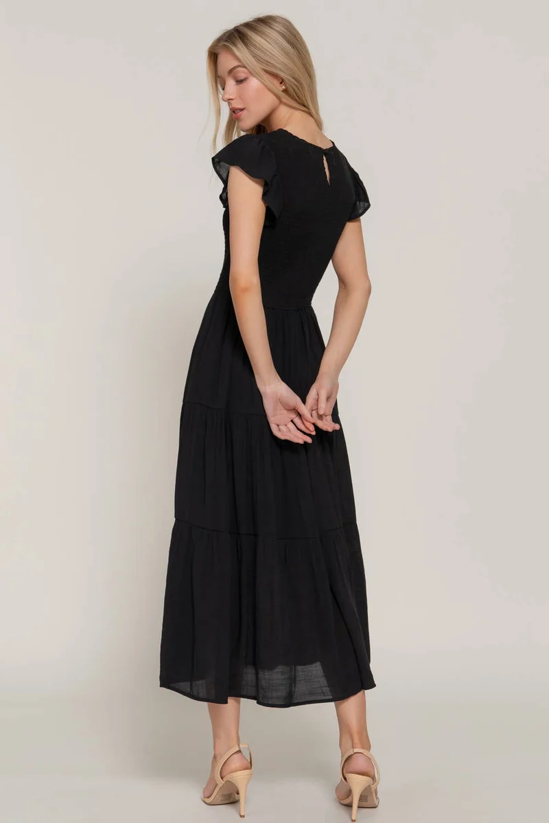 Ruffle Sleeve Crew Neck Smocked Detail Dress