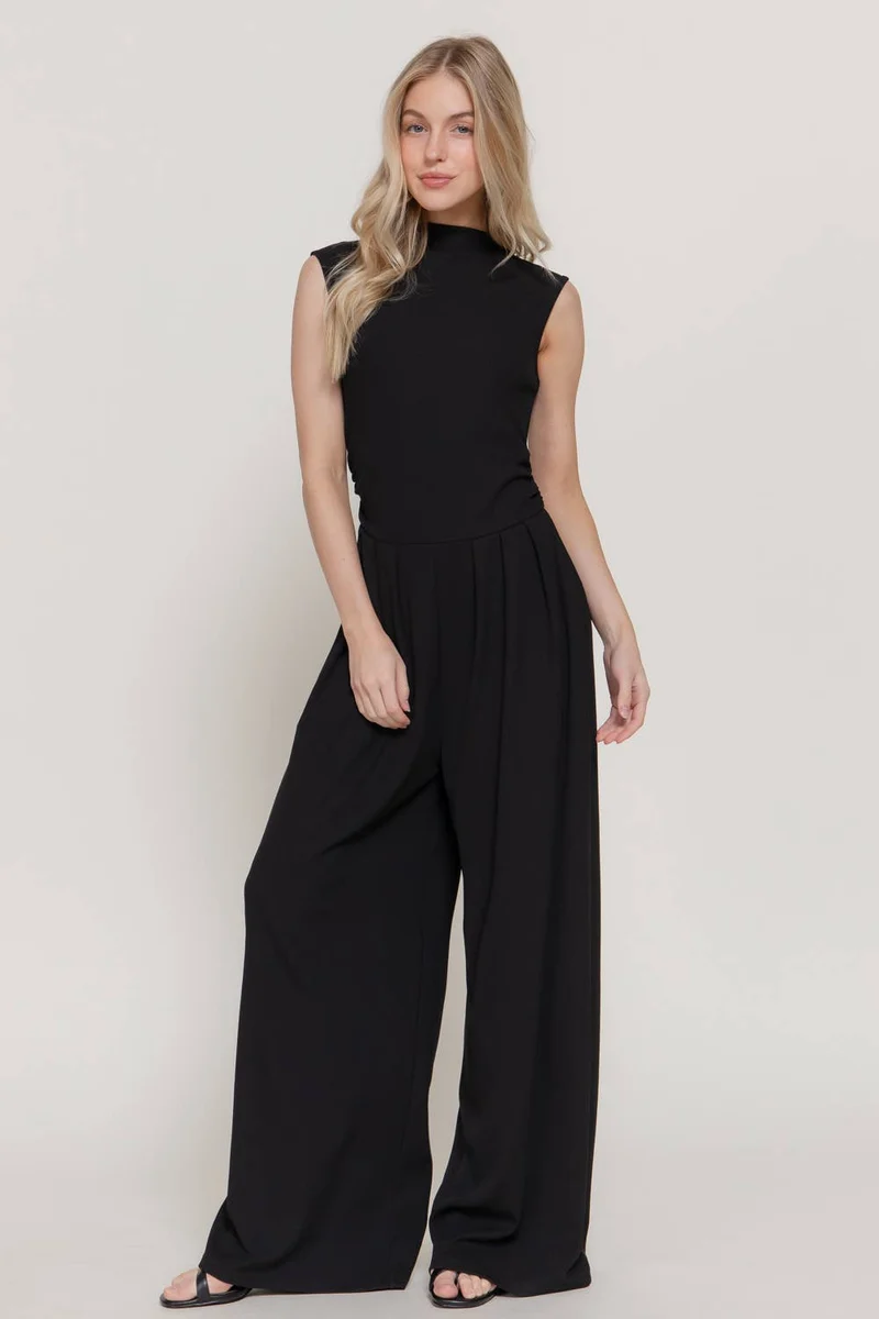 Sleeveless High Neck Pleated Rib Jumpsuit