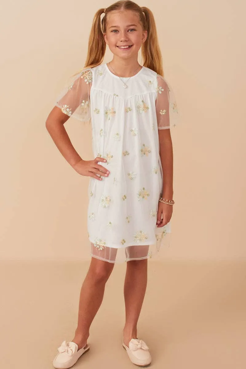 Girls Floral Embroidered Mesh Dress