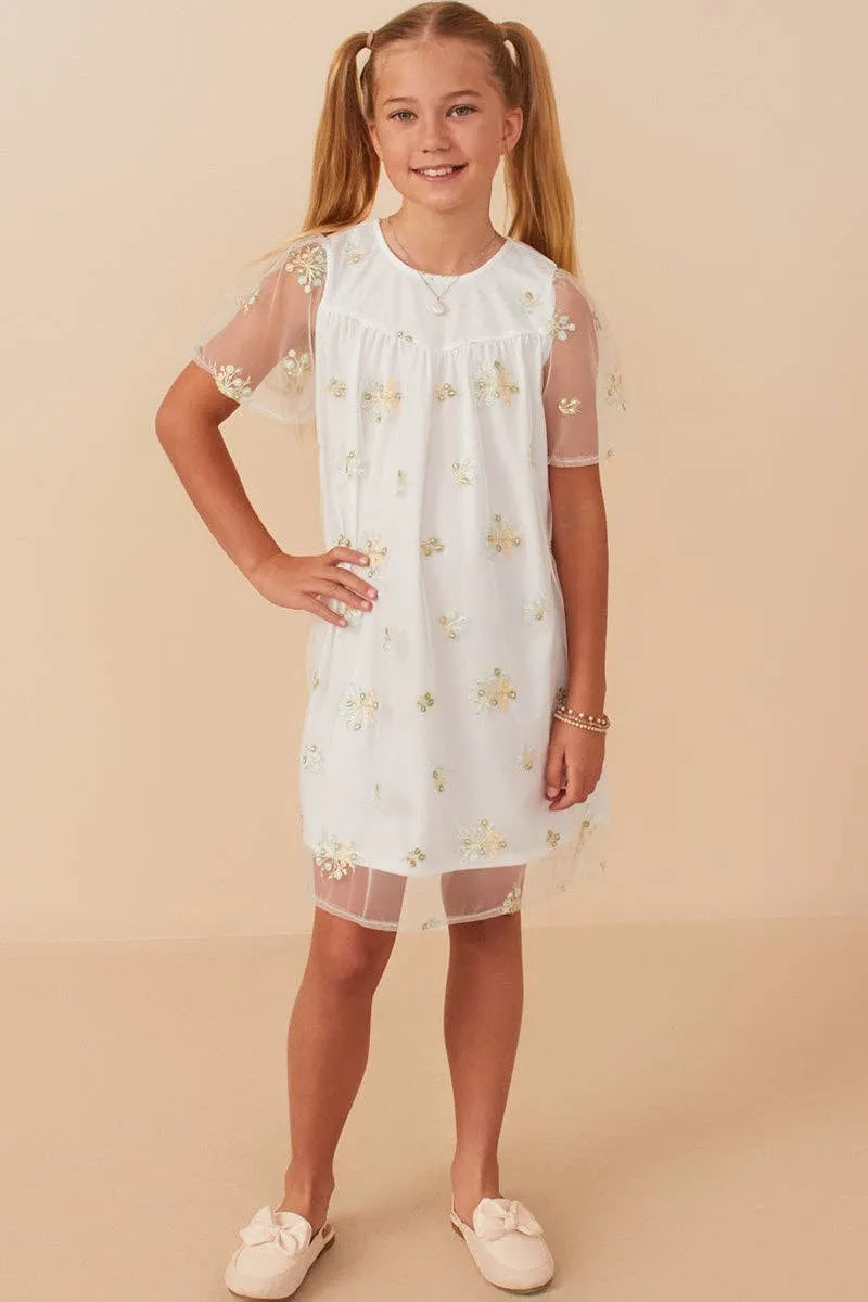 Girls Floral Embroidered Mesh Dress
