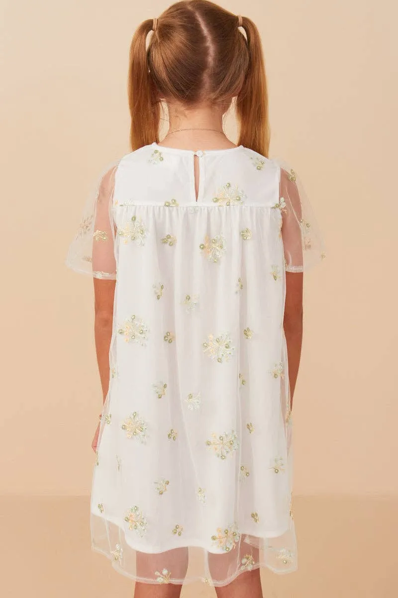 Girls Floral Embroidered Mesh Dress