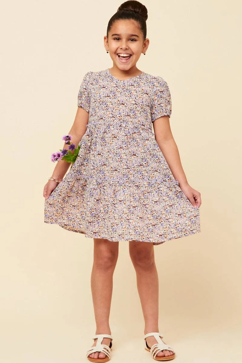Girls Ditsy Floral Tiered Puff Sleeve V Neck Dress
