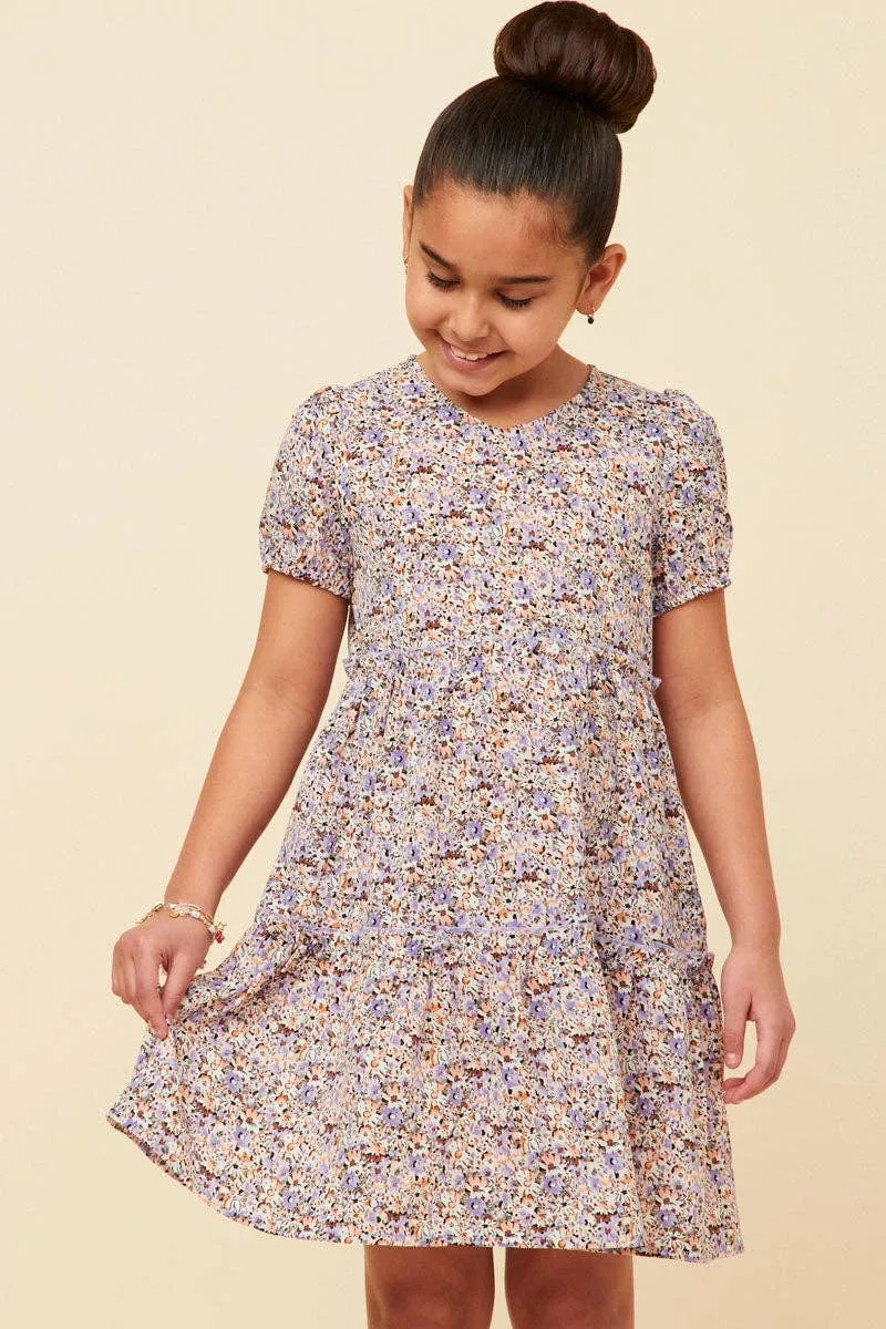 Girls Ditsy Floral Tiered Puff Sleeve V Neck Dress