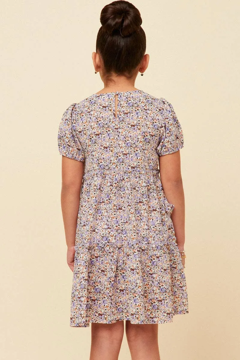 Girls Ditsy Floral Tiered Puff Sleeve V Neck Dress