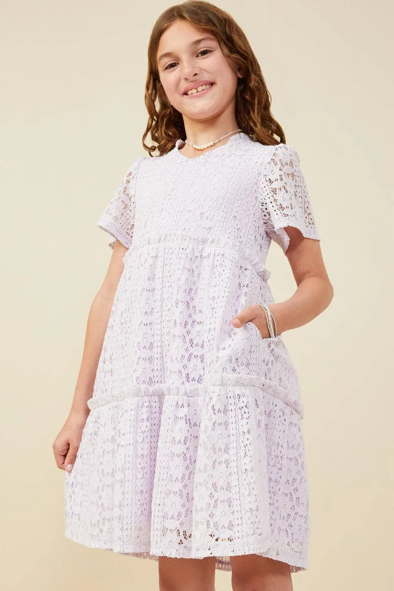 Girls Ruffle V Neck Tiered Floral Lace Dress