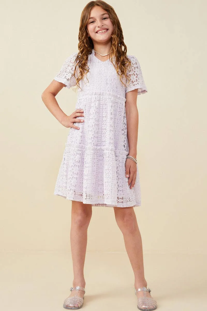 Girls Ruffle V Neck Tiered Floral Lace Dress