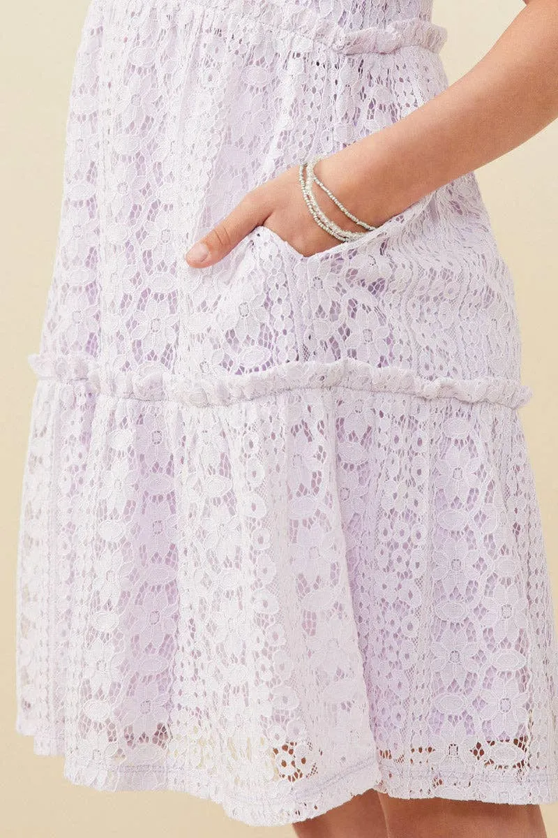 Girls Ruffle V Neck Tiered Floral Lace Dress