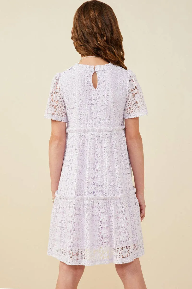 Girls Ruffle V Neck Tiered Floral Lace Dress