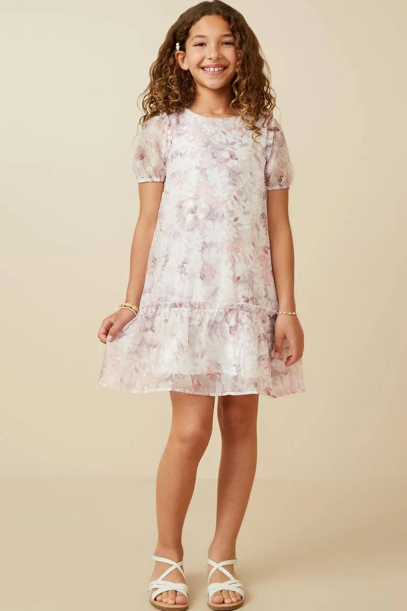 Girls Soft Organza Floral Ruffle Detail Dress