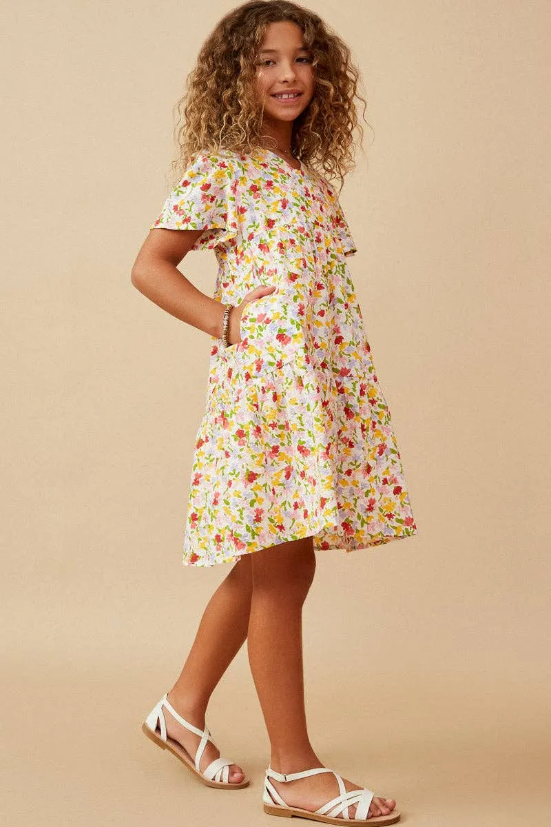 Girls Ditsy Floral V Neck Flutter Sleeve Dress