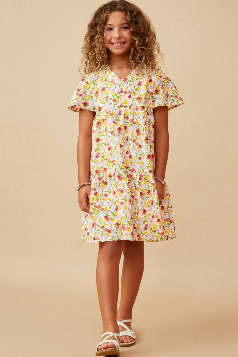 Girls Ditsy Floral V Neck Flutter Sleeve Dress