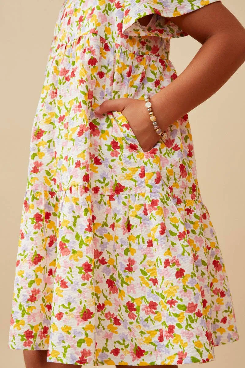 Girls Ditsy Floral V Neck Flutter Sleeve Dress