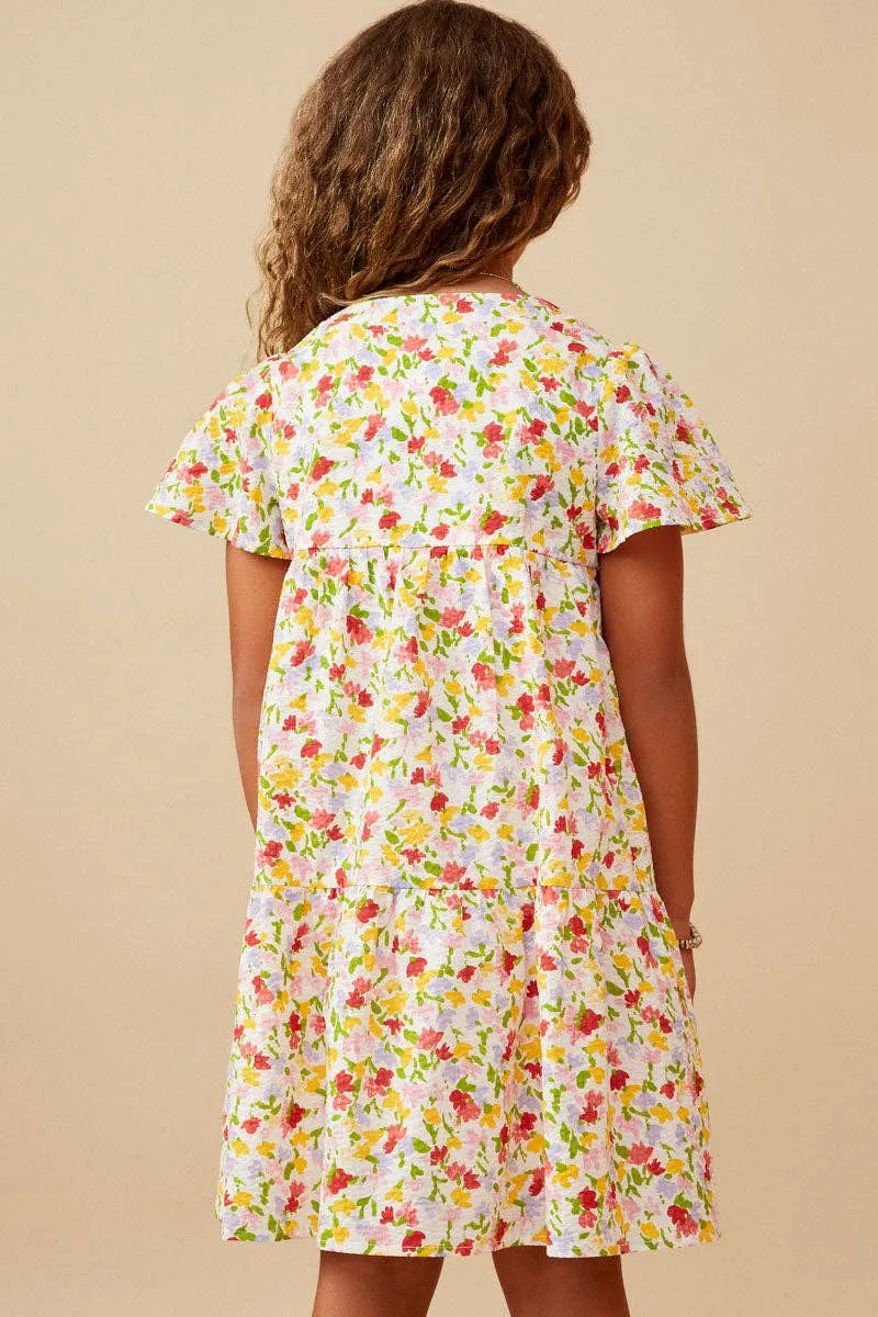 Girls Ditsy Floral V Neck Flutter Sleeve Dress