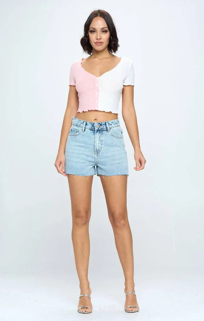 STRETCH HIGH RISE FREY HEM DENIM SHORTS