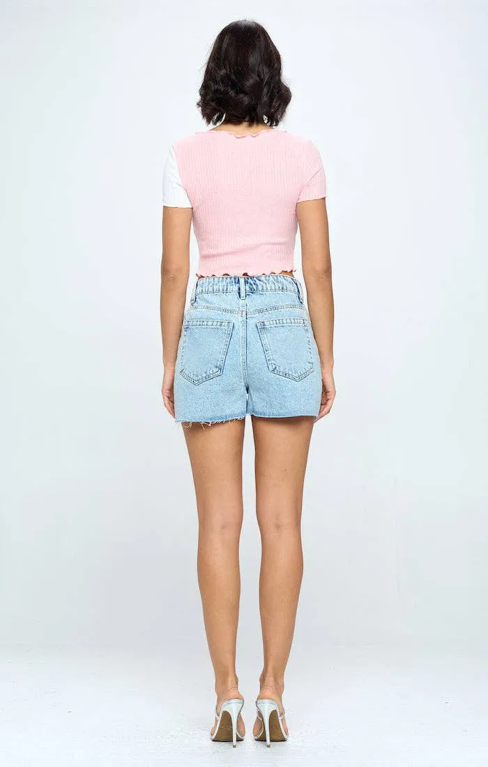 STRETCH HIGH RISE FREY HEM DENIM SHORTS