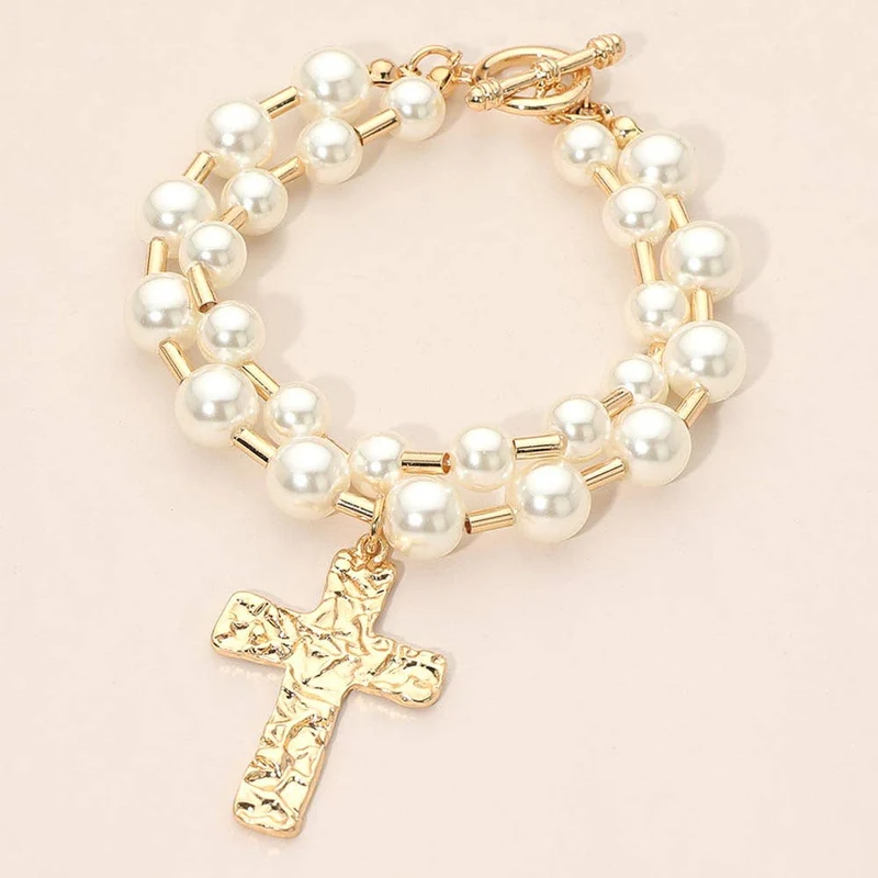 Hammered Metal Cross Charm Layered Pearl Beaded Toggle Bracelet