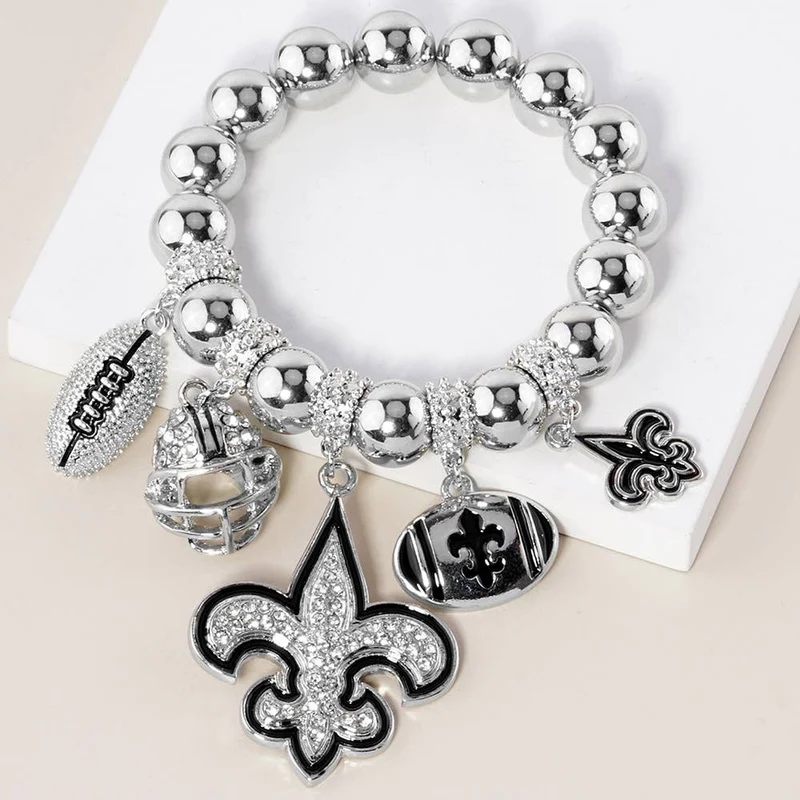 Fleur de Lis Football Theme Charms Metal Ball Bracelet