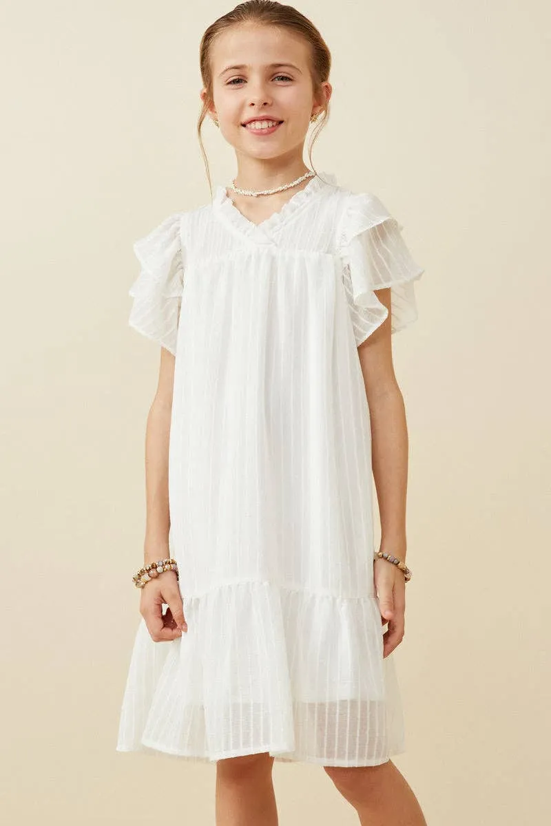 Girls Texture Striped Ruffle Sleeve V Neck Dress