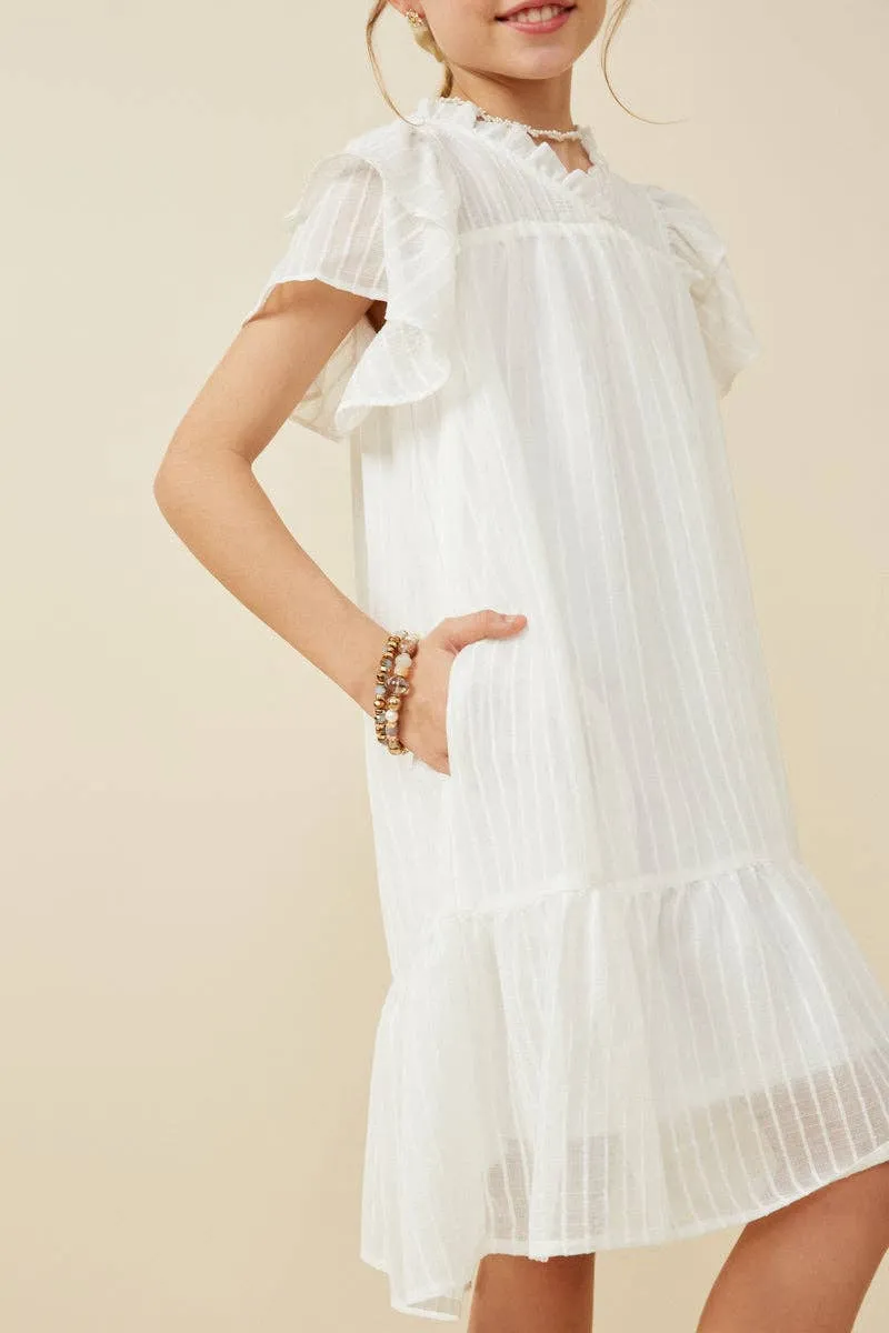 Girls Texture Striped Ruffle Sleeve V Neck Dress