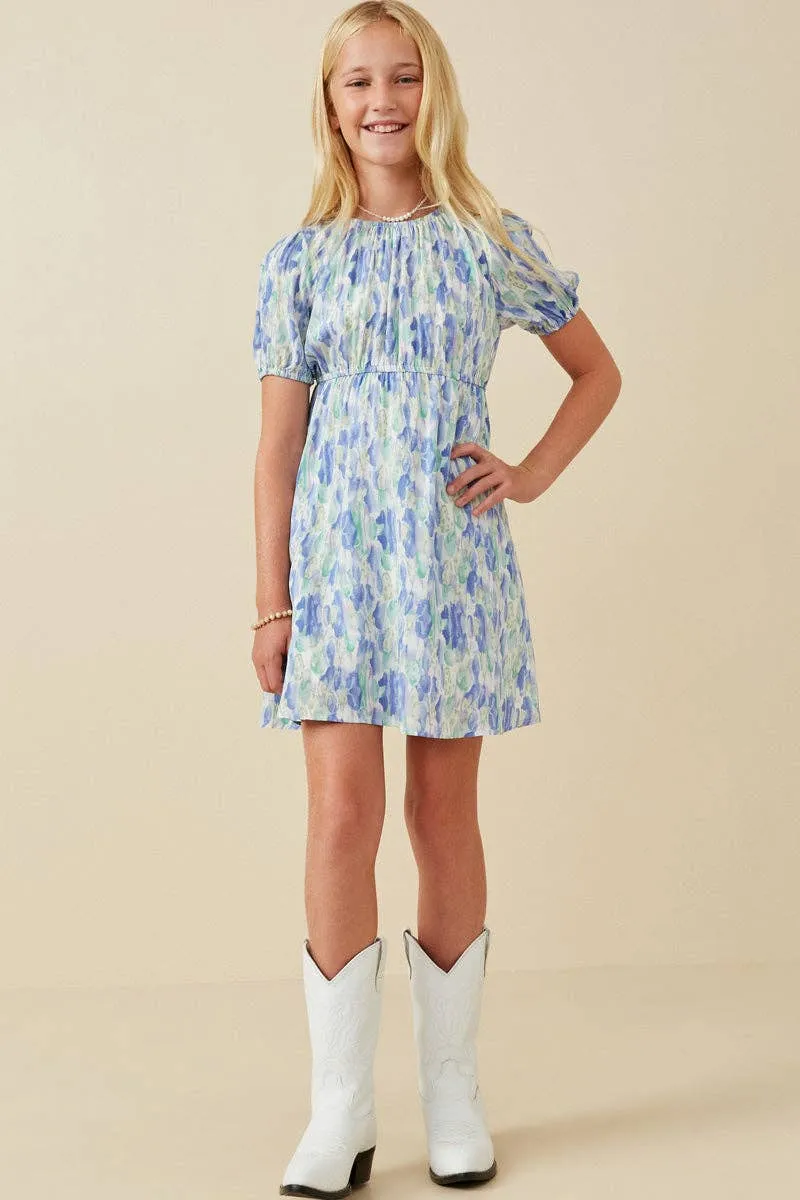Girls Watercolor Floral Puff Sleeve Dress
