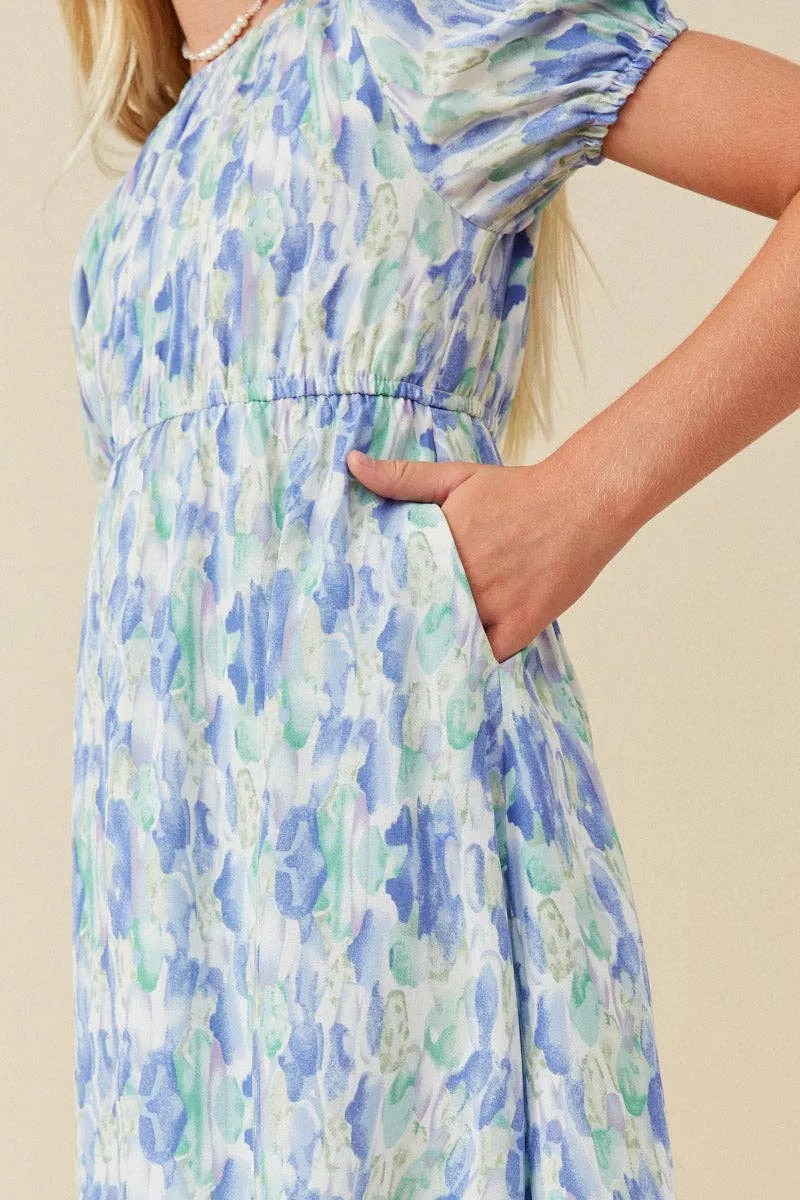 Girls Watercolor Floral Puff Sleeve Dress