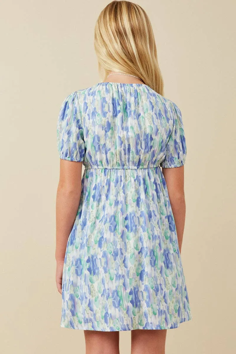 Girls Watercolor Floral Puff Sleeve Dress