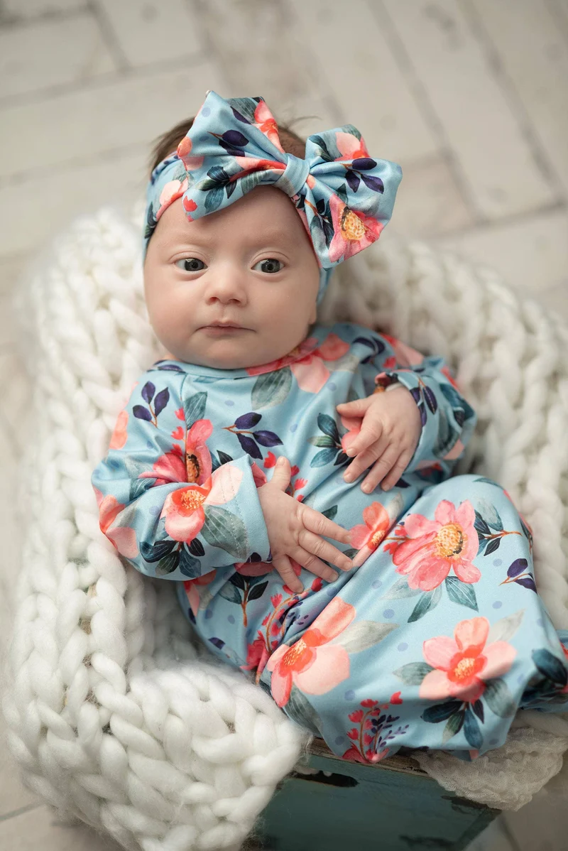 Infant Girls Coral Flower & Blue Baby Gown and Bow Headband: 0-3M