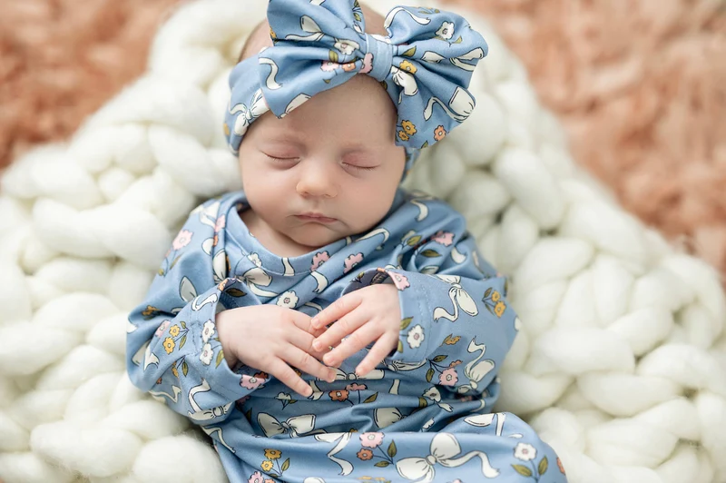 Blue Bow Pink Floral Baby Gown Set: 0-3 Months