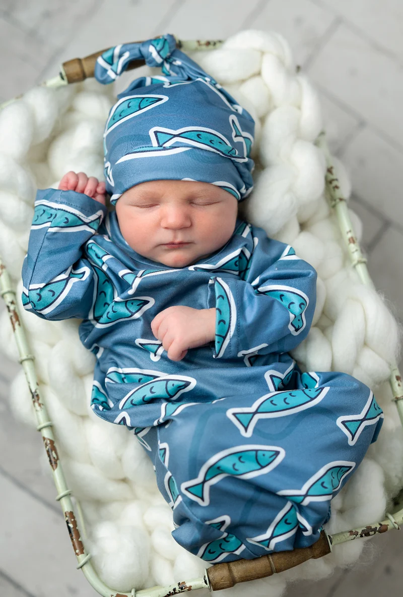 Infant Blue Fish Baby Gown and Hat Set: 0-3 Months
