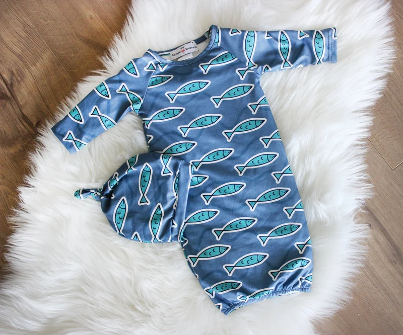 Infant Blue Fish Baby Gown and Hat Set: 0-3 Months