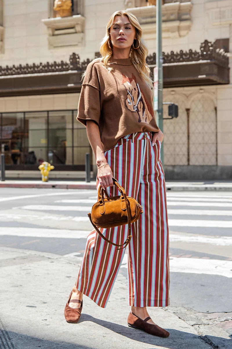 Barrel Leg Stripe Casual High Waist Pants