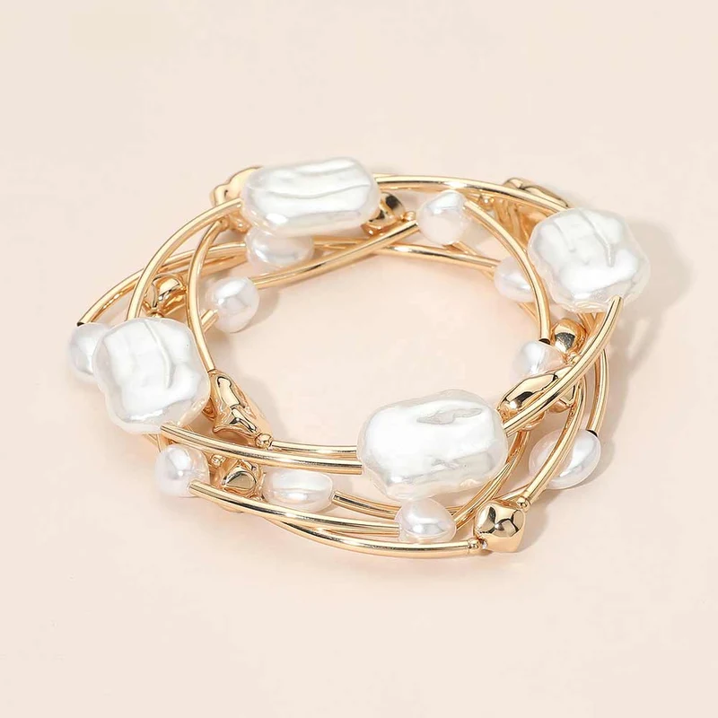 5PCS - Organic Pearl Metal Pebble Bar Beaded Stretch Multi Layered Bracelets