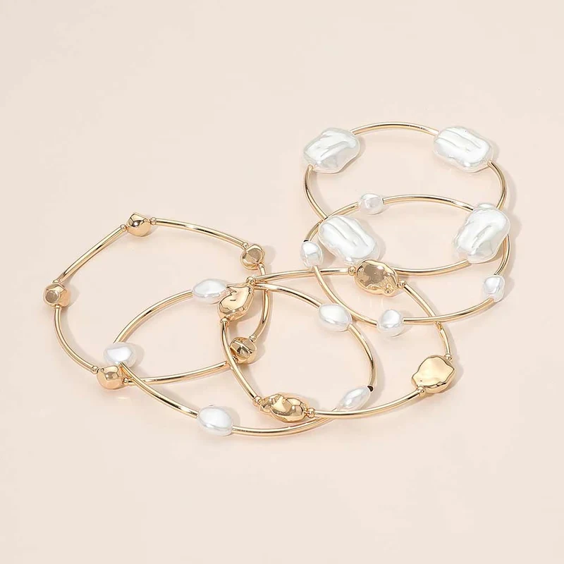 5PCS - Organic Pearl Metal Pebble Bar Beaded Stretch Multi Layered Bracelets