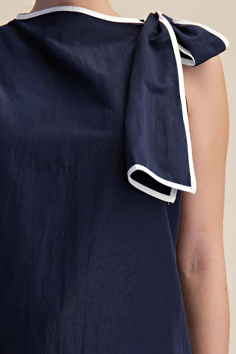 Asymmetric Pleated Shoulder Contrasting Bow Top