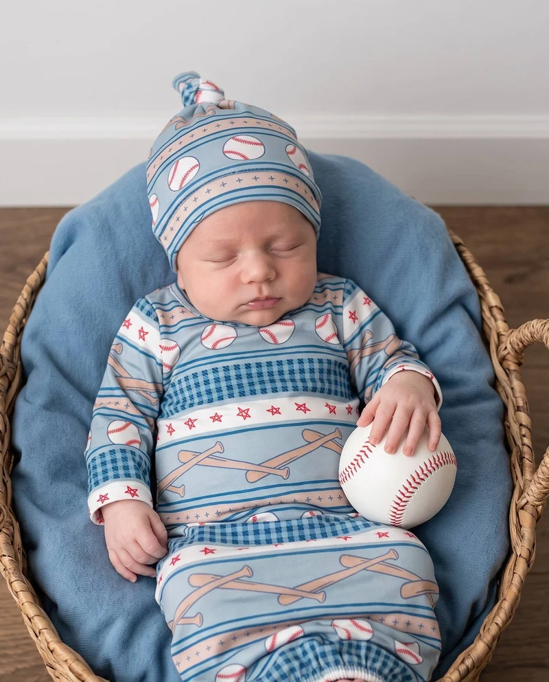 Baseball Sports Blue Rows Baby Gown Set: 0-3 Months