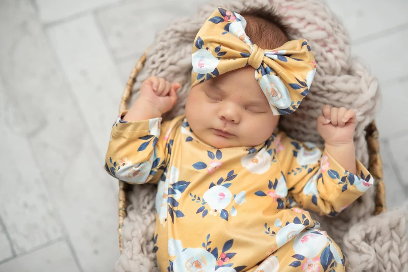 Infant Girls Mustard Baby Gown and Bow Headband (0-3M)