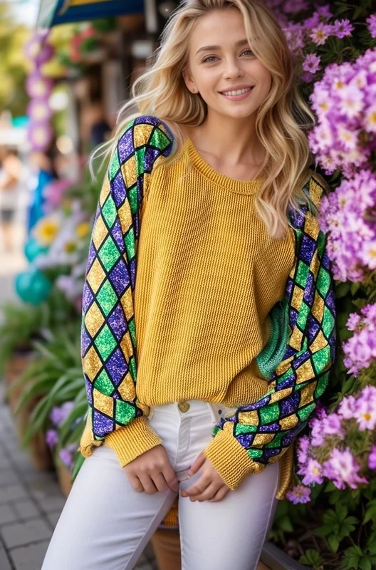 MARDI GRAS LONG SLEEVE URBAN RIBBED TOP ~ Faux Glitter Sleeve