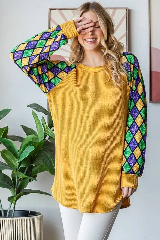 MARDI GRAS LONG SLEEVE URBAN RIBBED TOP ~ Faux Glitter Sleeve