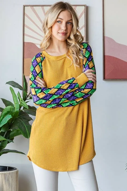 MARDI GRAS LONG SLEEVE URBAN RIBBED TOP ~ Faux Glitter Sleeve