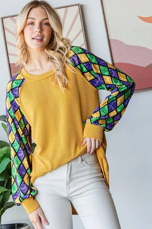 MARDI GRAS LONG SLEEVE URBAN RIBBED TOP ~ Faux Glitter Sleeve