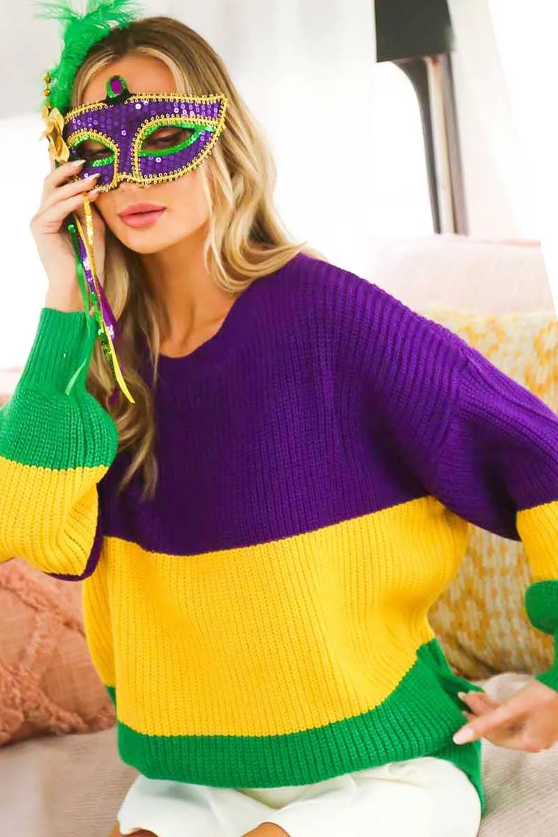 Color block Mardi Gras Round Neck Knitted Sweater