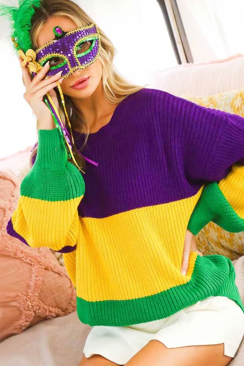 Color block Mardi Gras Round Neck Knitted Sweater