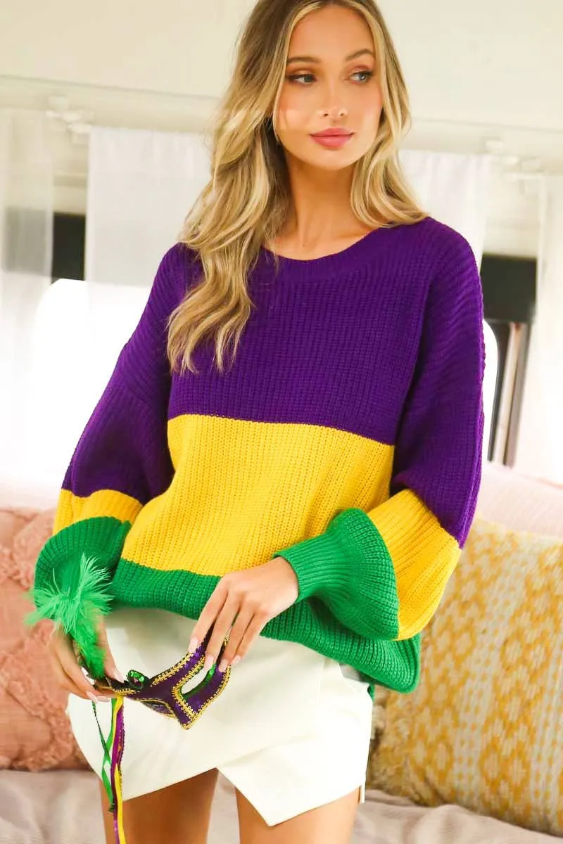 Color block Mardi Gras Round Neck Knitted Sweater