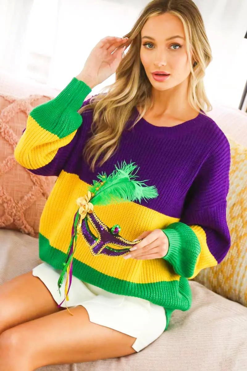 Color block Mardi Gras Round Neck Knitted Sweater